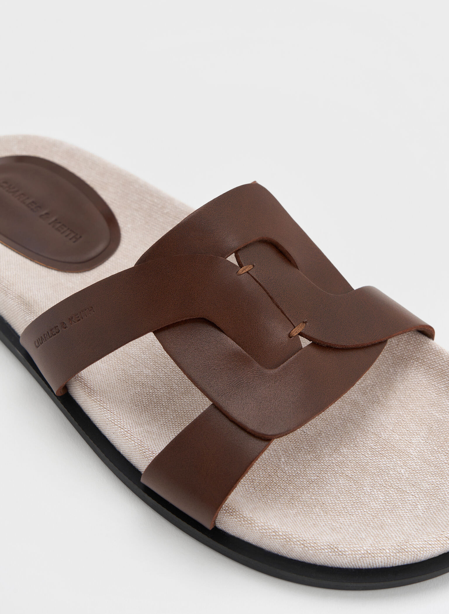 Linen Interwoven Cut-Out Slide Sandals, Dark Brown, hi-res