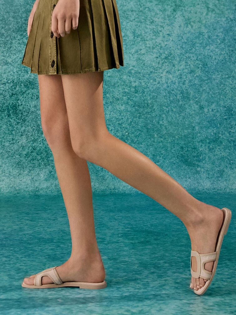 Easley Linen Cut-Out Slide Sandals, Taupe, hi-res