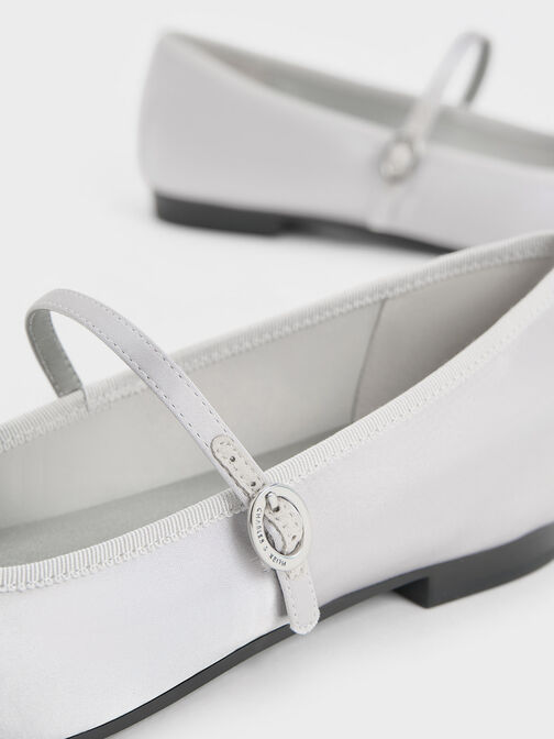 Satin Bow Mary Jane Flats, Silver, hi-res