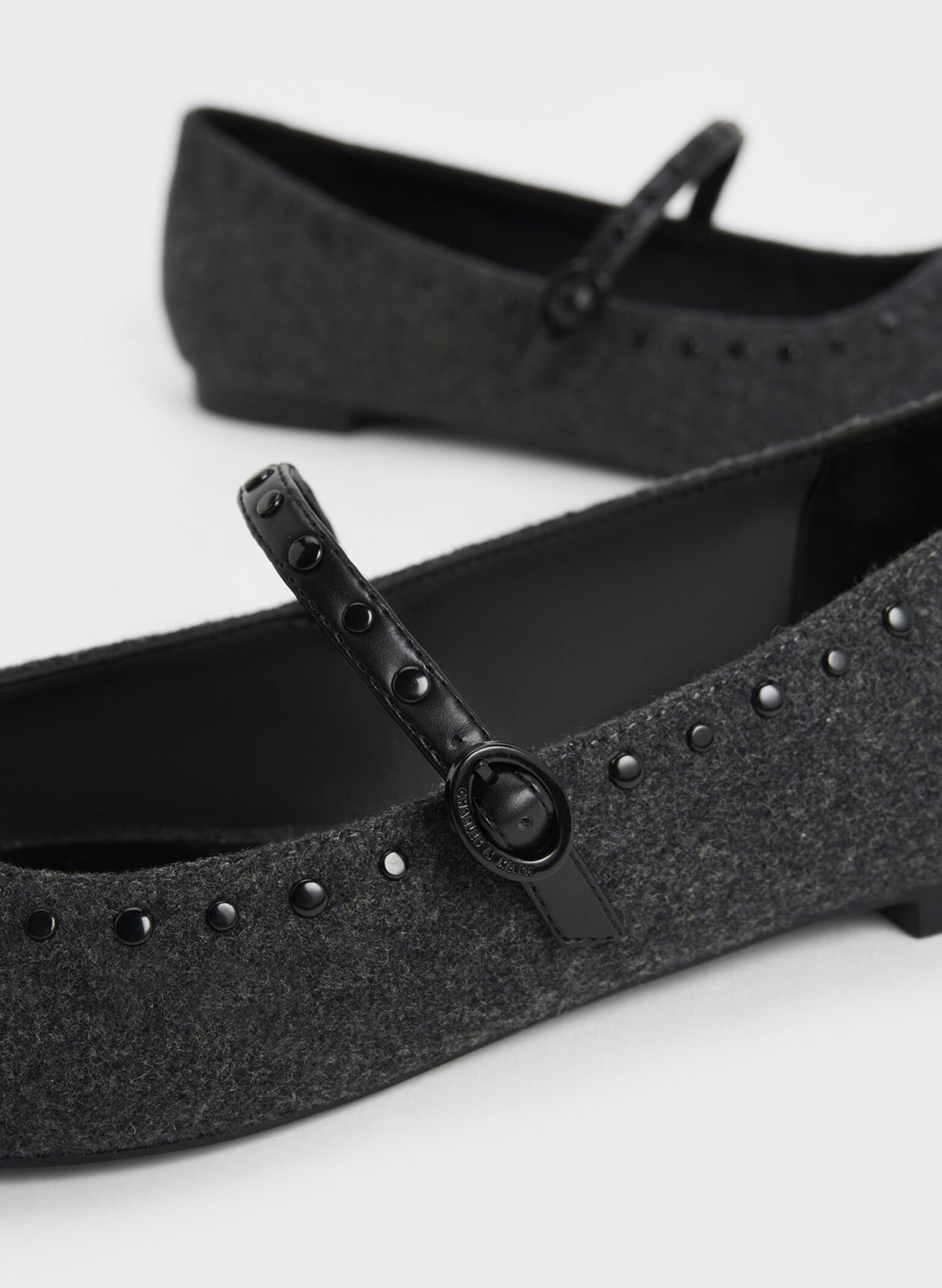 Textured Studded Pointed-Toe Mary Jane Flats, Grey, hi-res