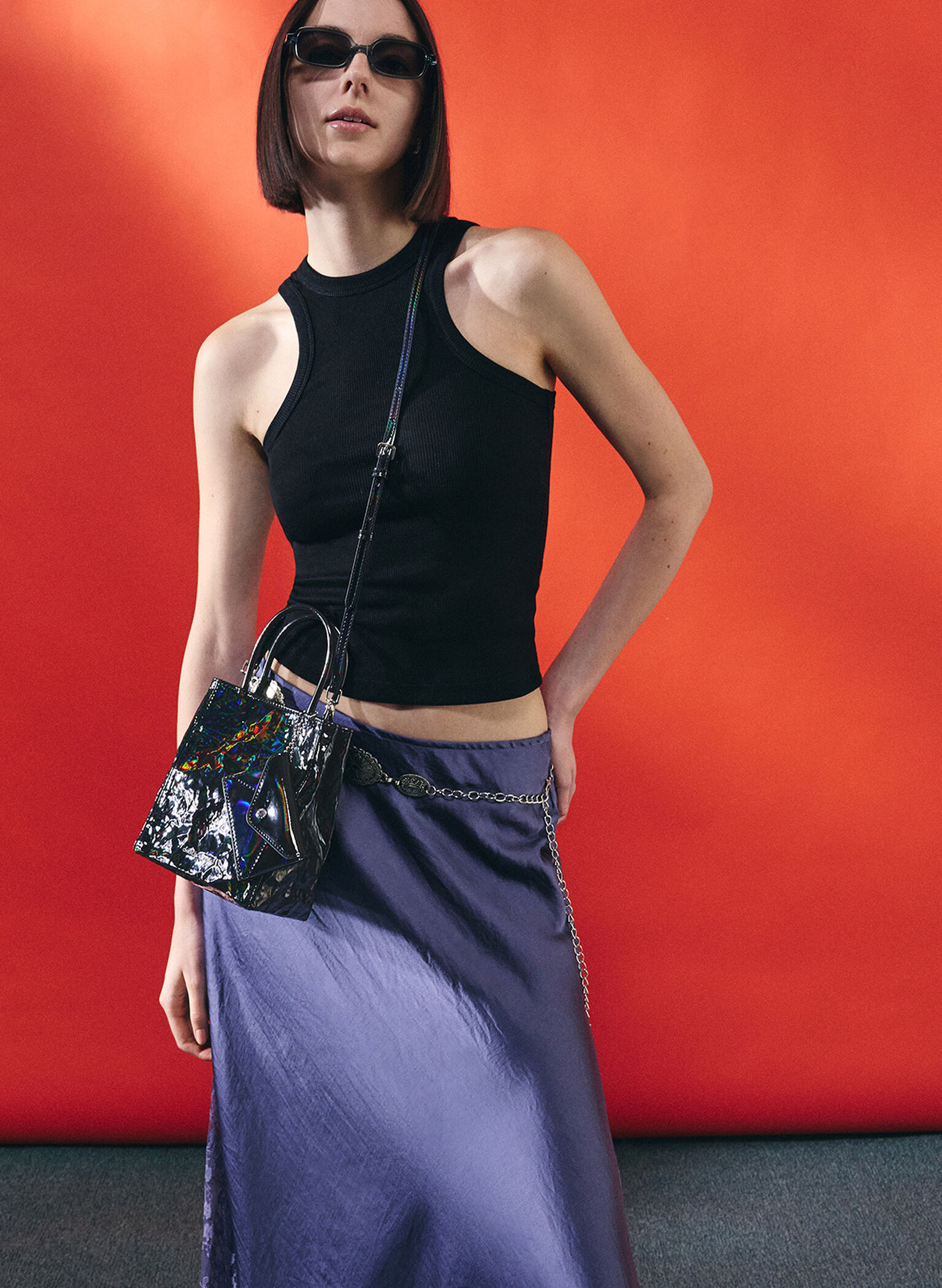 Matina Patent Crinkle-Effect Elongated Tote Bag, Prism Noir, hi-res