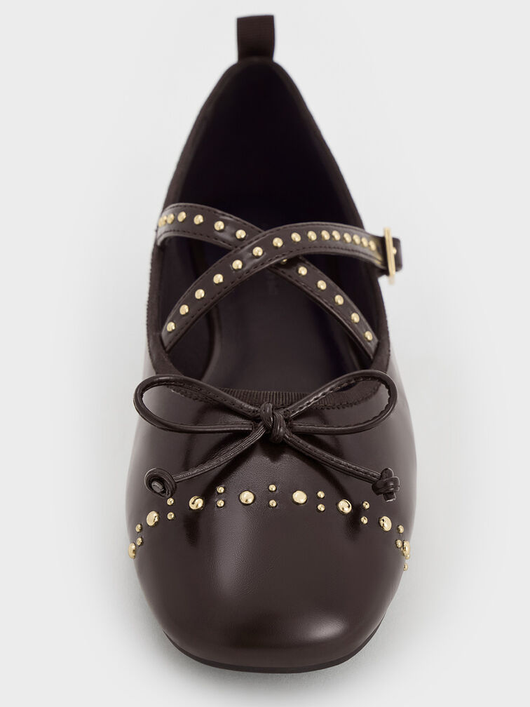 Studded Crossover-Strap Mary Jane Flats, Dark Brown, hi-res