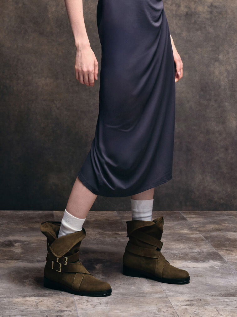 Brett Faux Suede Buckle-Strap Calf Boots, Dark Brown Textured, hi-res