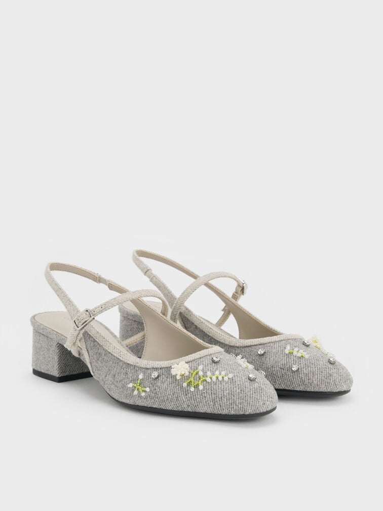 Twill Bead-Flower Block-Heel Slingback Mary Jane Pumps, Grey, hi-res