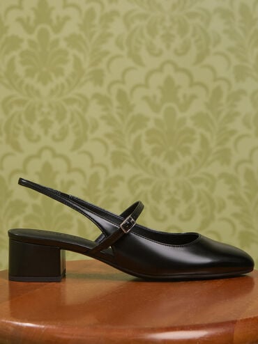 Block-Heel Slingback Mary Jane Pumps, Black, hi-res