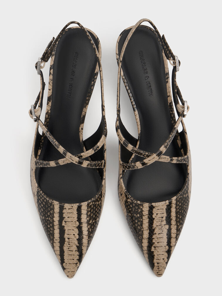 Pauline Snake-Print Crossover Slingback Kitten Heels, Animal Print Natural, hi-res