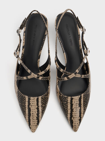Pauline Snake-Print Crossover Slingback Kitten Heels, Animal Print Natural, hi-res