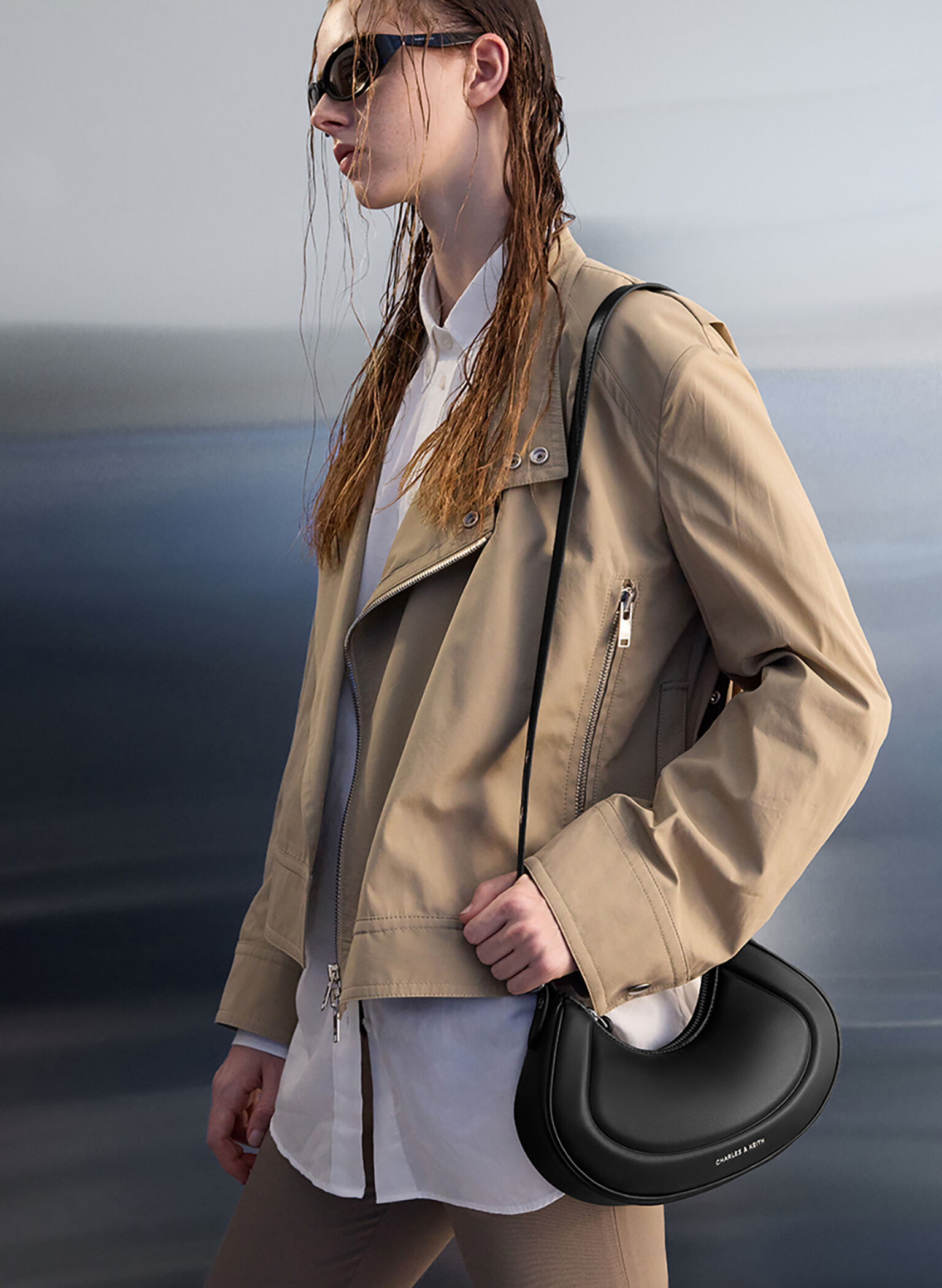 Petra Grommet-Strap Curved Shoulder Bag, Noir, hi-res