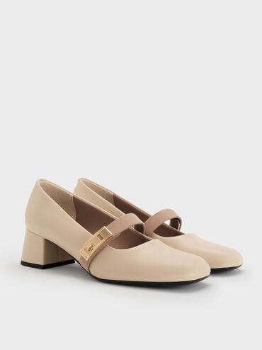 Lando Two-Tone Metallic-Buckle Mary Jane Pumps, Chalk, hi-res
