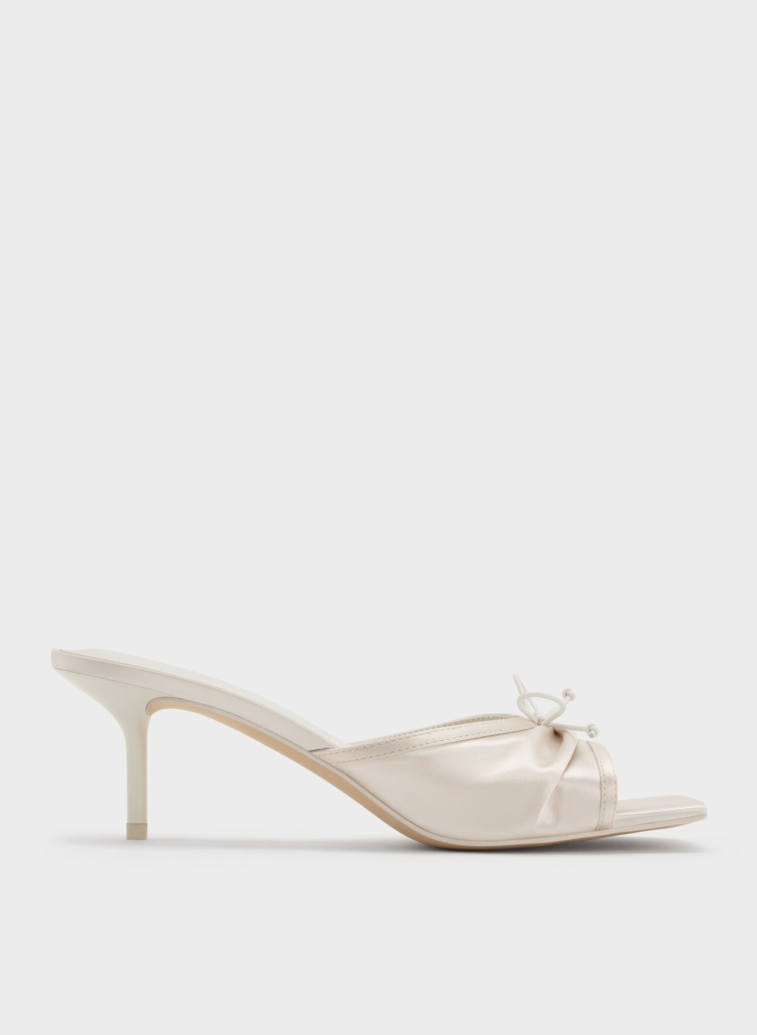 Satin Ruched Bow Heeled Mules, Chalk, hi-res