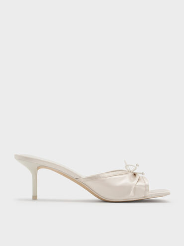 Satin Ruched Bow Heeled Mules, Chalk, hi-res