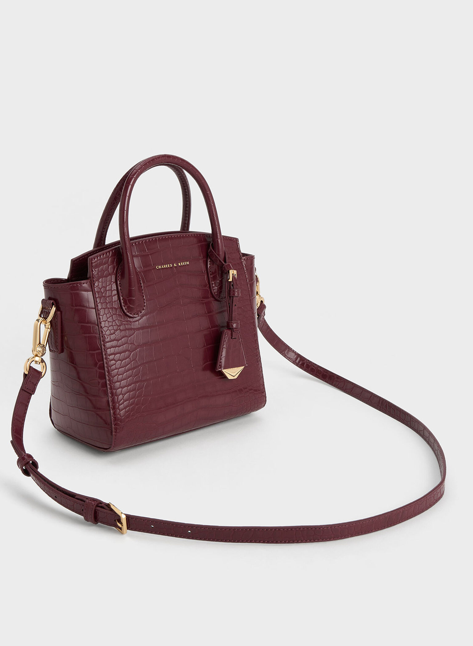 Harper Croc-Effect Structured Top Handle Bag, Burgundy, hi-res