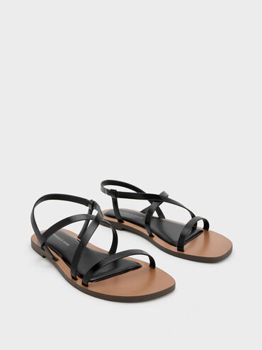Asymmetrical Strappy Sandals, Black, hi-res