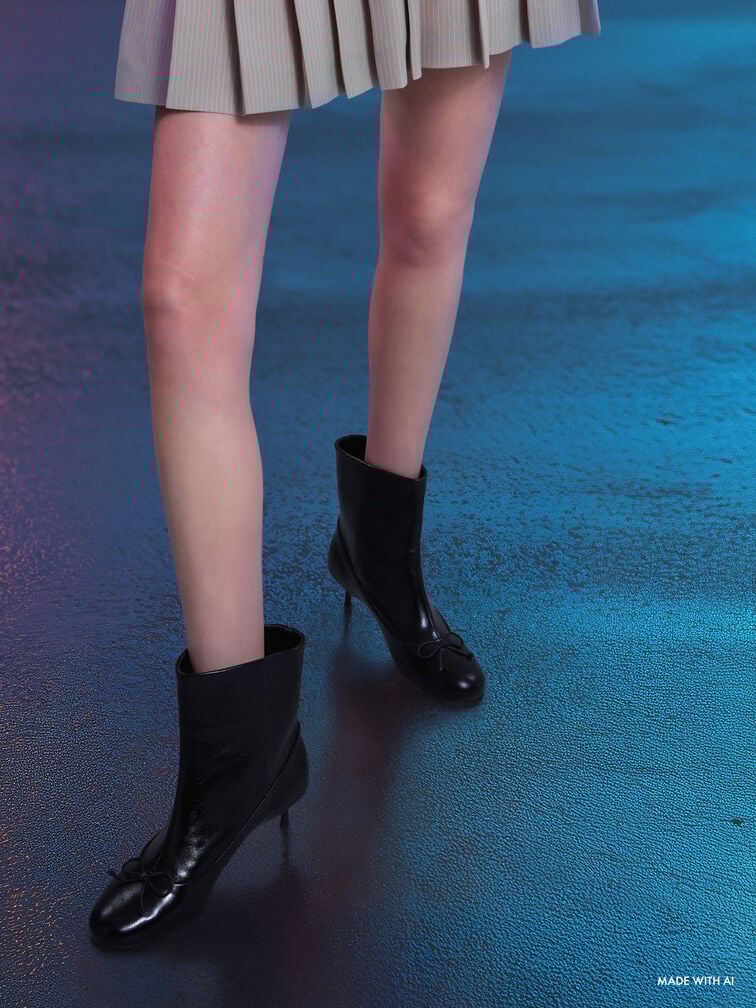 Aretha Leather Bow Kitten-Heel Calf Boots, Black, hi-res
