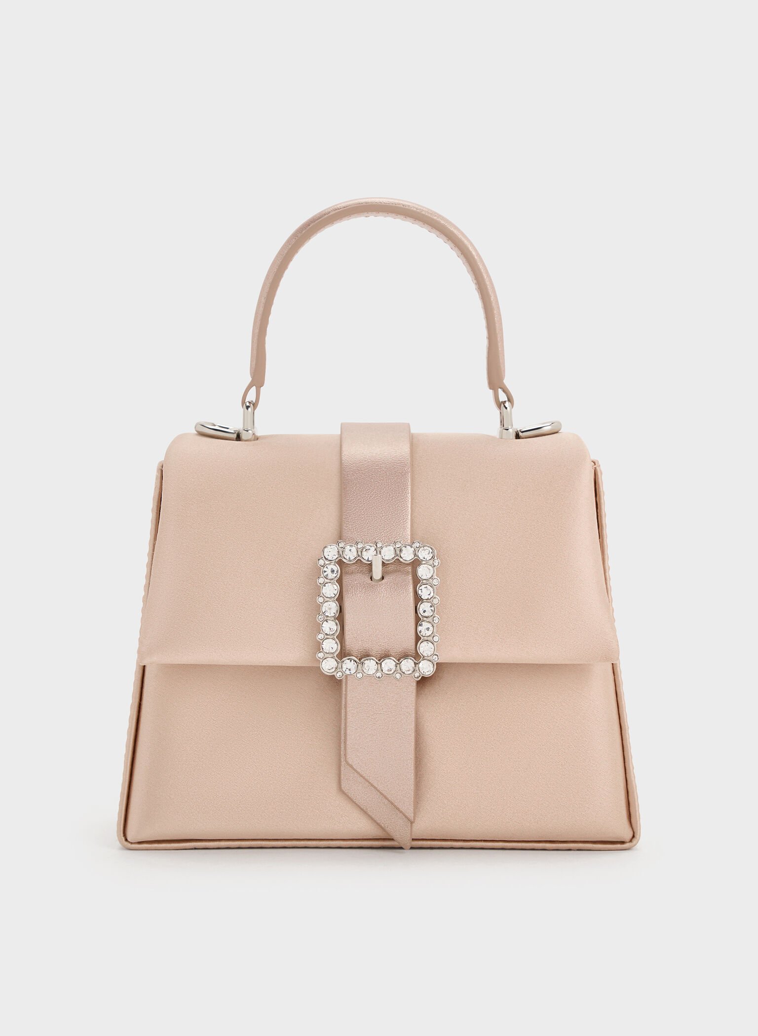 Satin Crystal-Buckle Belted Top Handle Bag, Sunset Nude, hi-res
