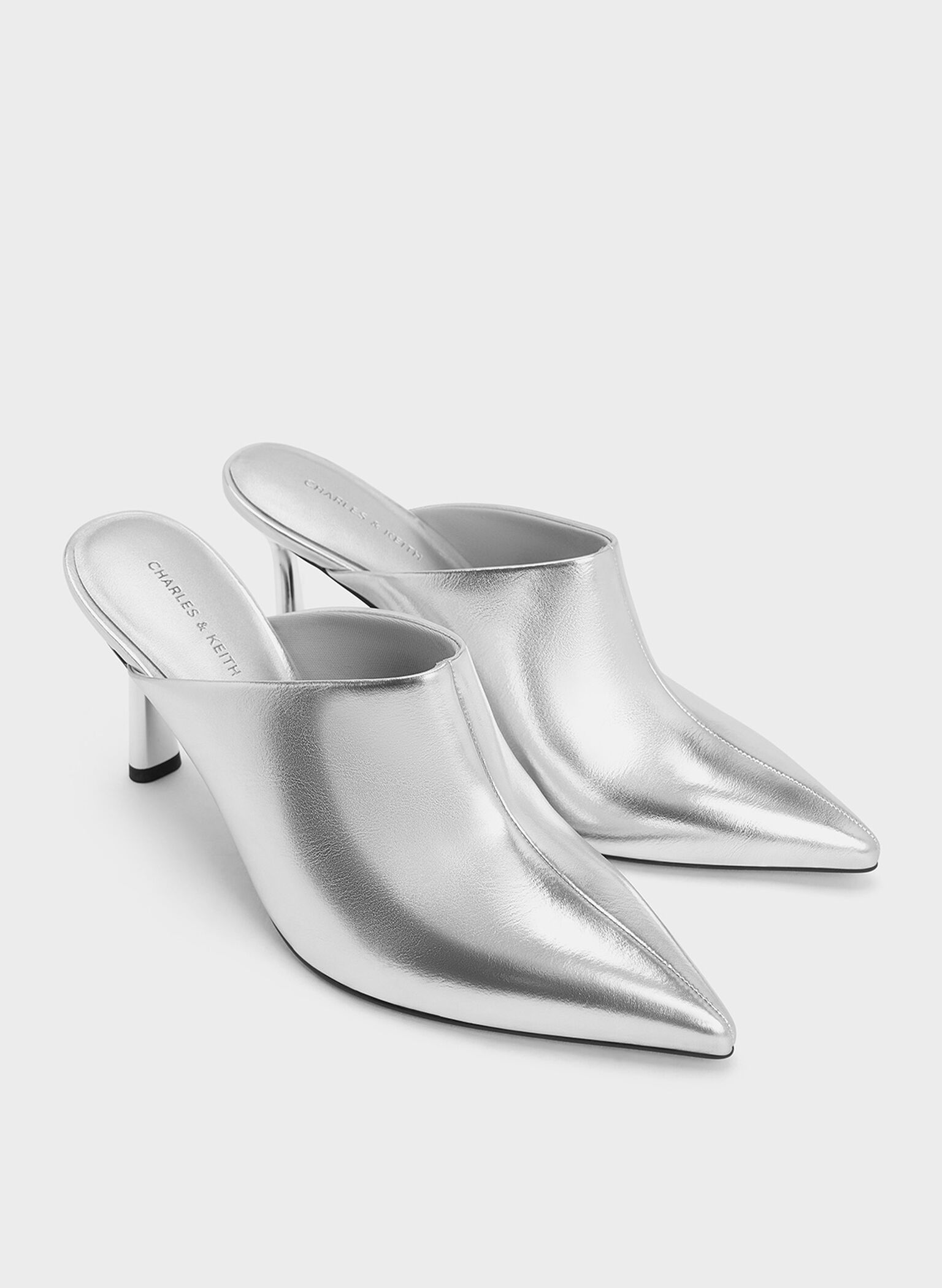 Metallic High-Vamp Pointed-Toe Heeled Mules, Silver, hi-res