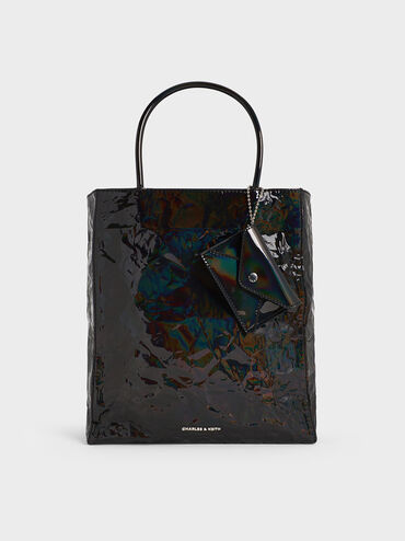 Large Matina Patent Crinkle-Effect Elongated Tote Bag, Prism Noir, hi-res