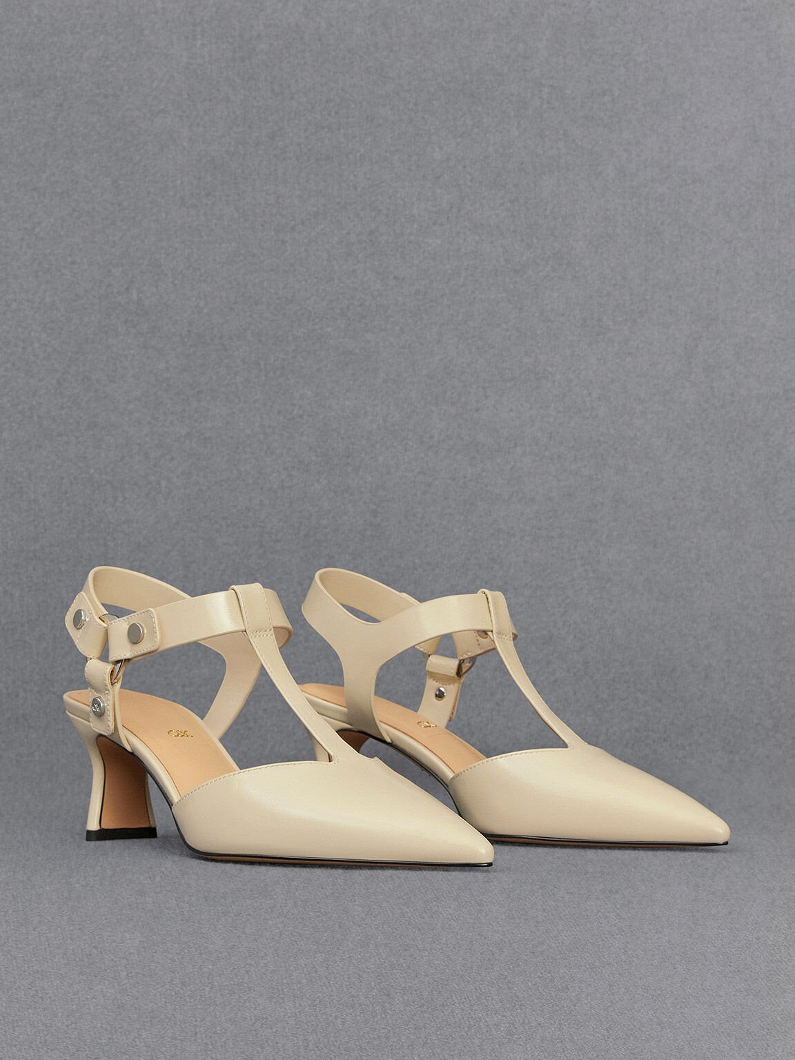 Leather Buckled T Bar Pumps Chalk