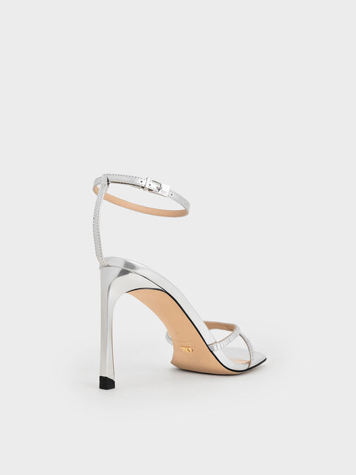 Metallic Leather & Satin Crystal-Embellished Ankle-Strap Sandals, Silver, hi-res