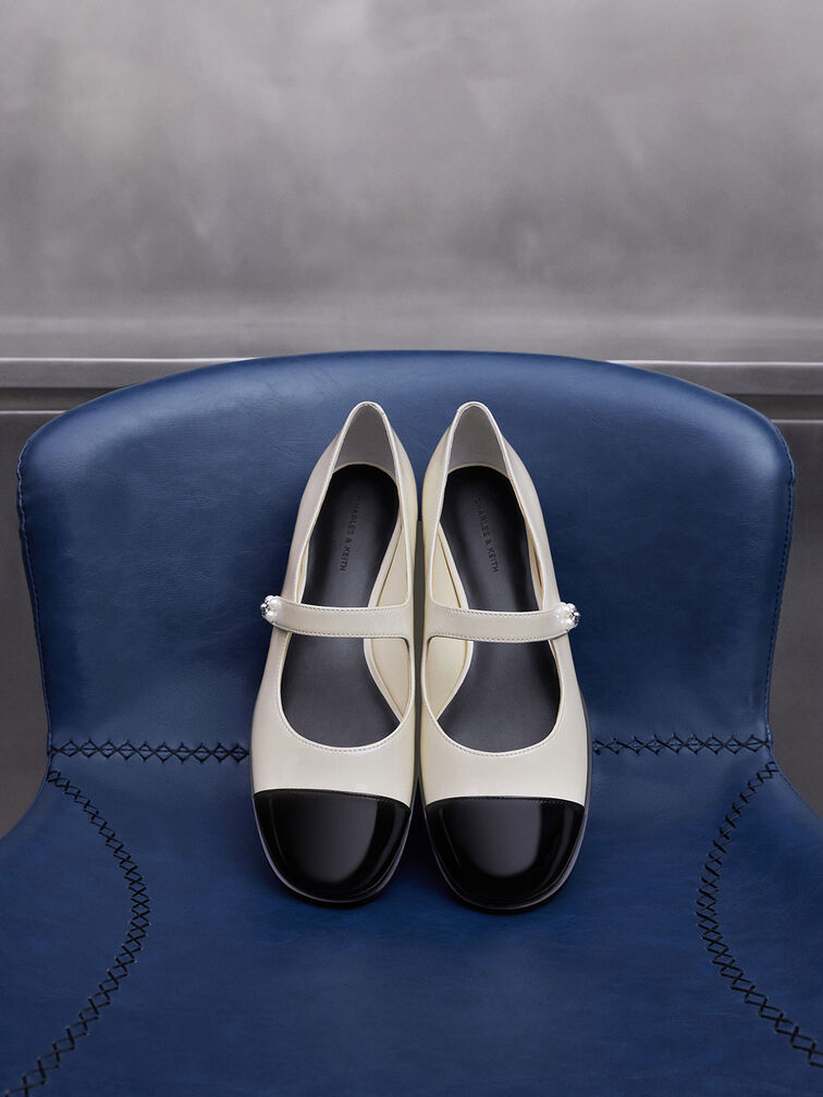 Patent Pearl-Embellished Flower-Buckle Cap-Toe Mary Janes, Chalk, hi-res