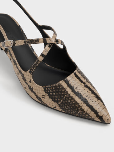 Pauline Snake-Print Crossover Slingback Kitten Heels, Animal Print Natural, hi-res
