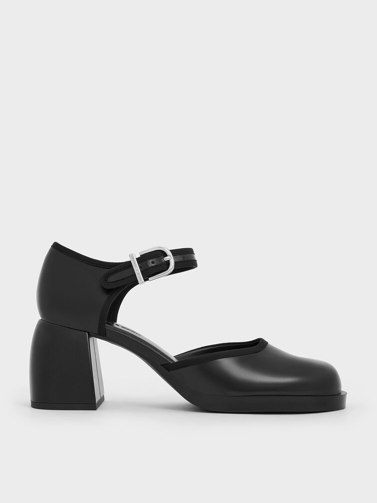 Block-Heel Ankle-Strap D'Orsay Pumps, Black, hi-res