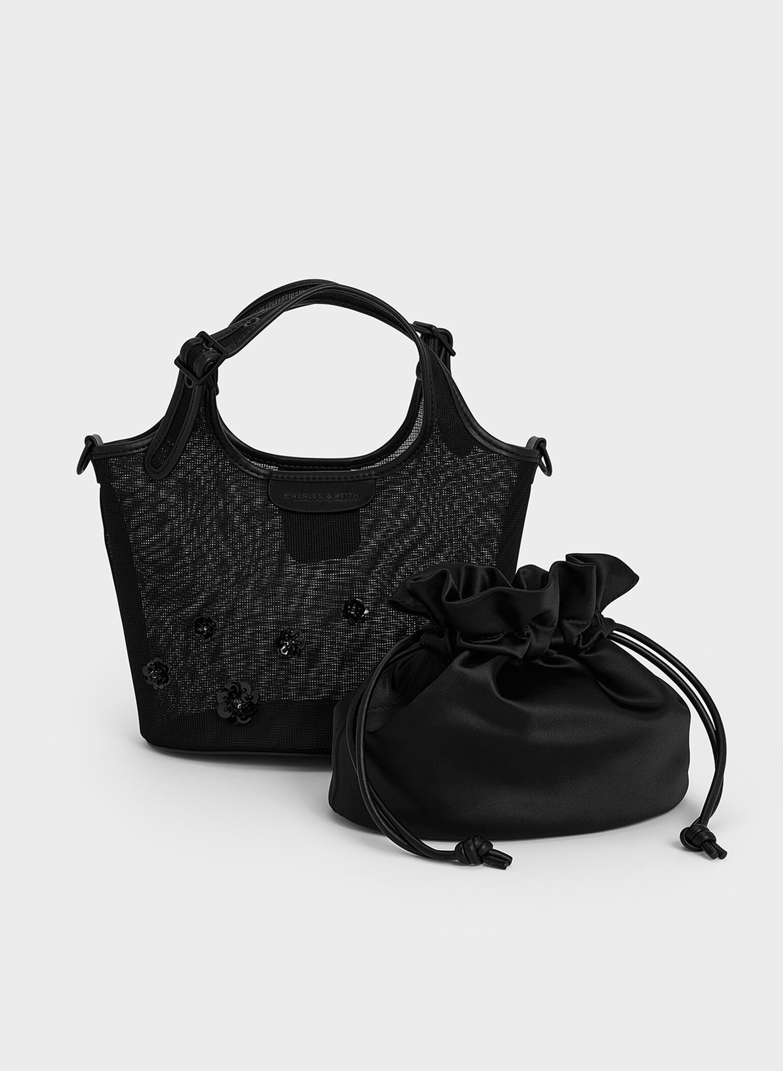 Mesh Sequin-Flower Tote Bag, Jet Black, hi-res