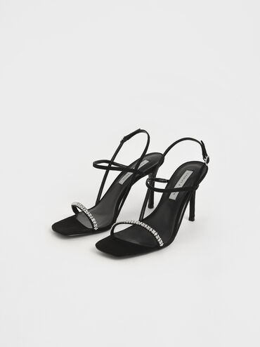 Textured Gem-Embellished Strappy Sandals, Black, hi-res