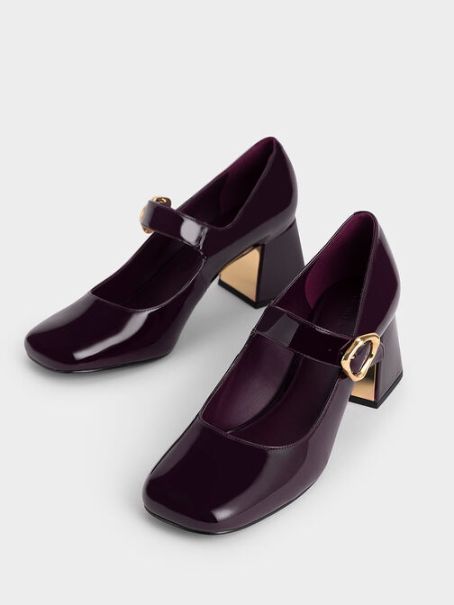 Patent Buckled Mary Jane Pumps, Maroon, hi-res