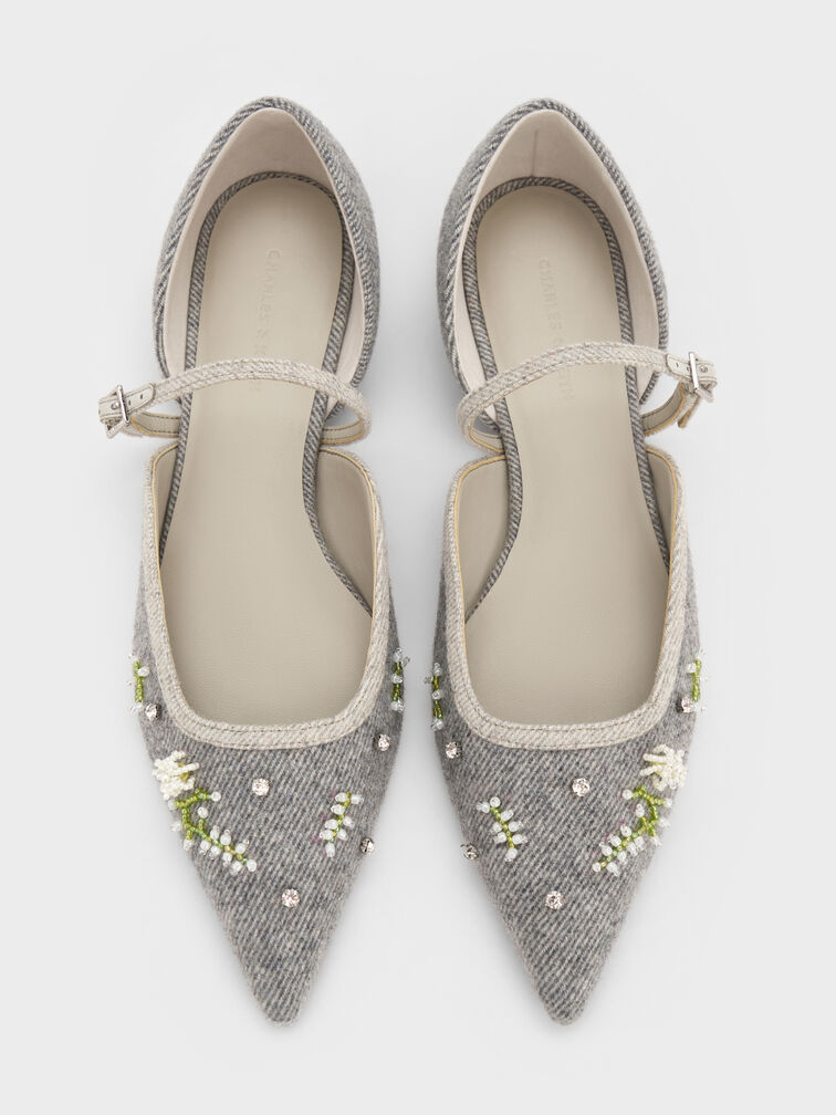 Twill Bead-Flower Pointed-Toe D'Orsay Mary Jane Flats, Grey, hi-res
