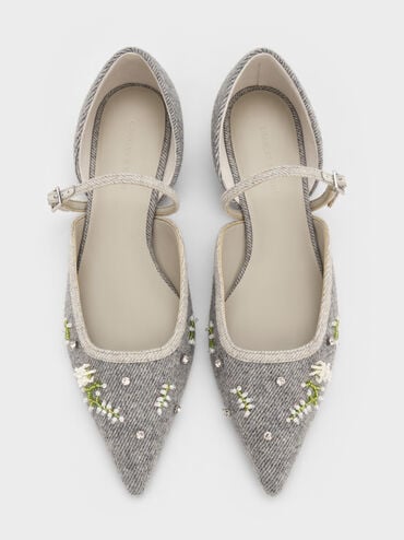 Twill Bead-Flower Pointed-Toe D'Orsay Mary Jane Flats, Grey, hi-res
