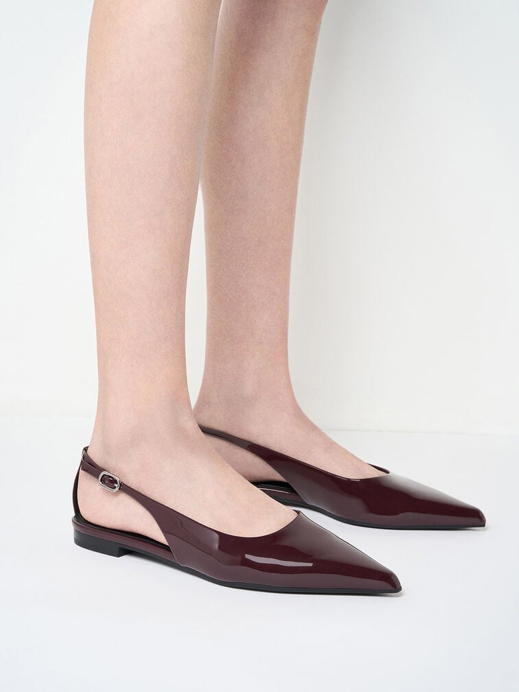 Patent Cut-Out Pointed-Toe Slingback Flats, Burgundy, hi-res