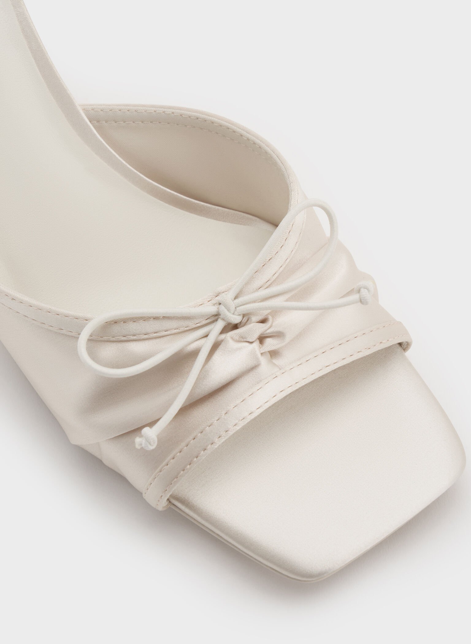 Satin Ruched Bow Heeled Mules, Chalk, hi-res
