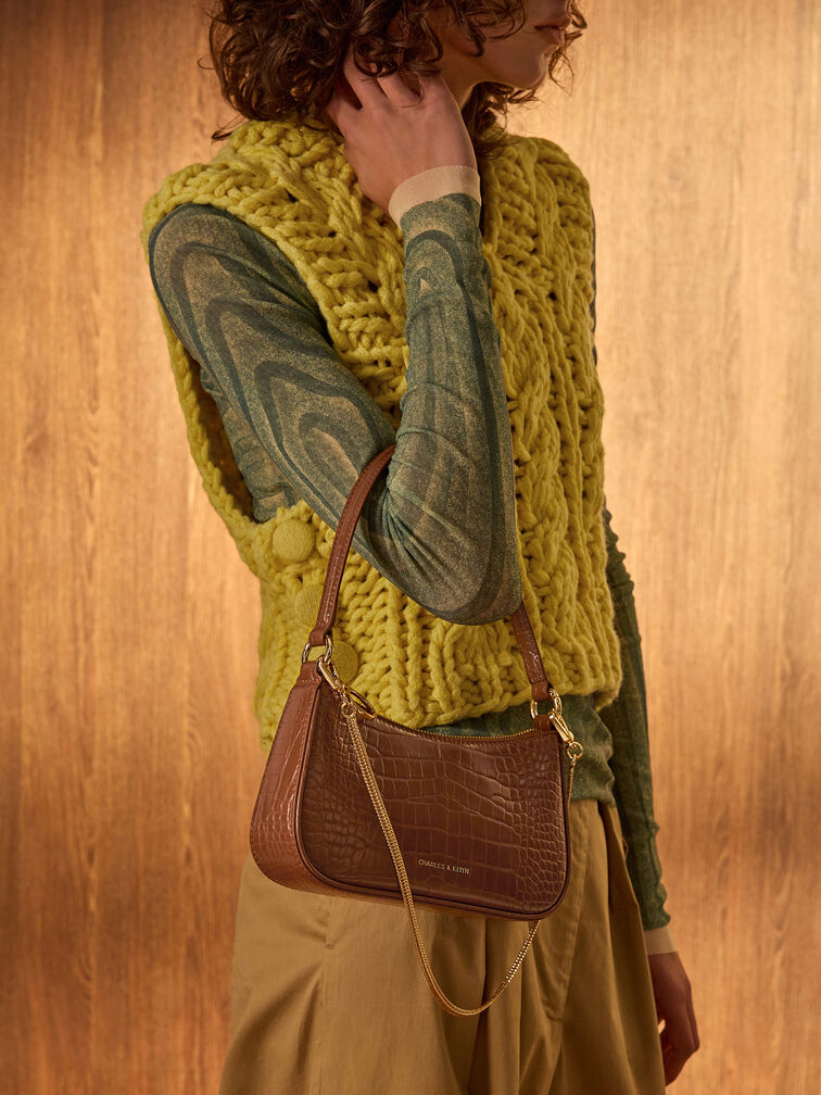 Elspeth Croc-Effect Chain-Link Shoulder Bag, Chocolate Croco, hi-res