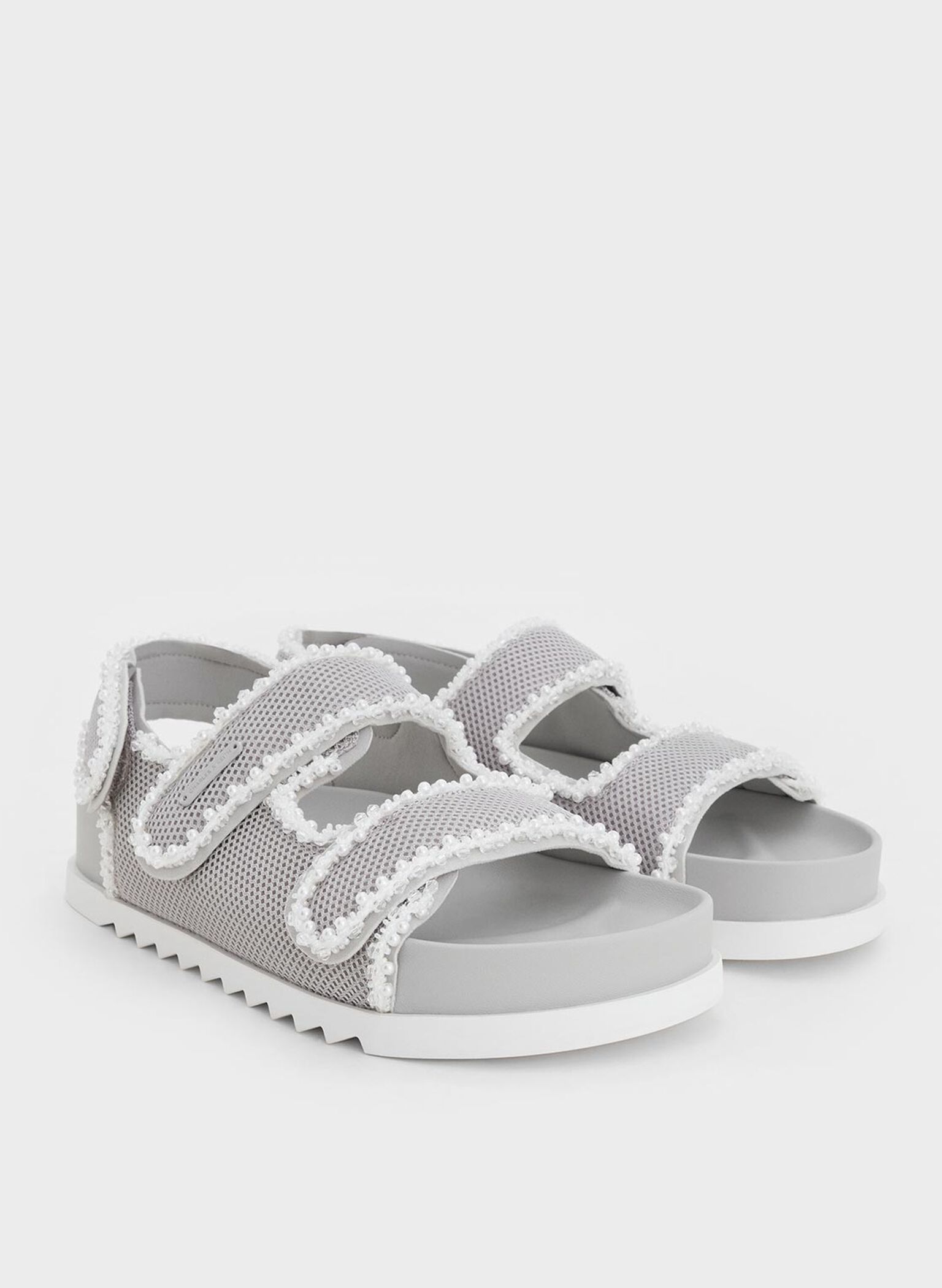 Mesh Pearl-Embellished Flatform Sandals, Silver, hi-res