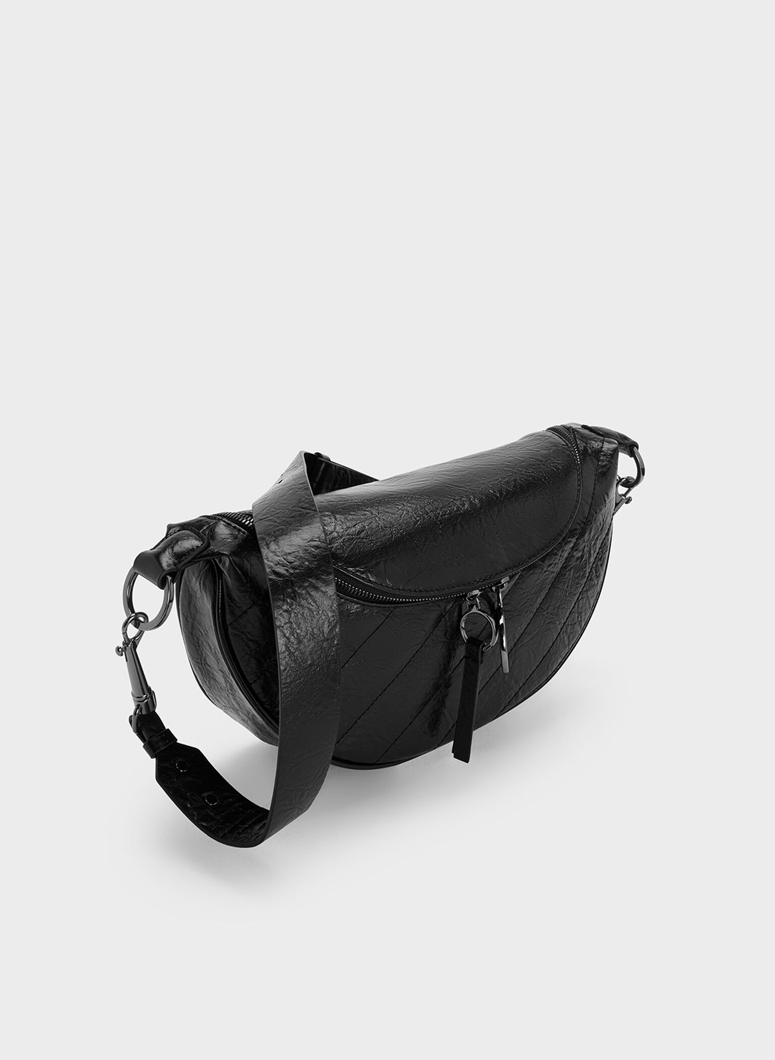Philomena Rose-Motif Half-Moon Crossbody Bag, Noir, hi-res