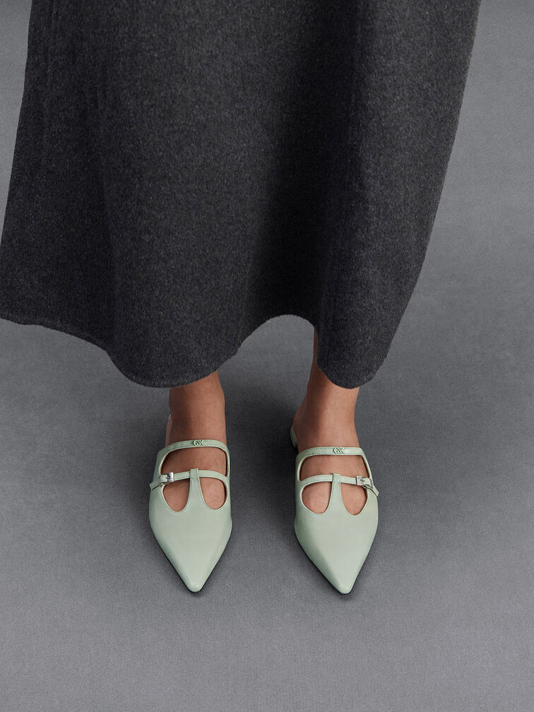 Mint Green Leather T-Bar Double-Strap Mules - CHARLES & KEITH UK