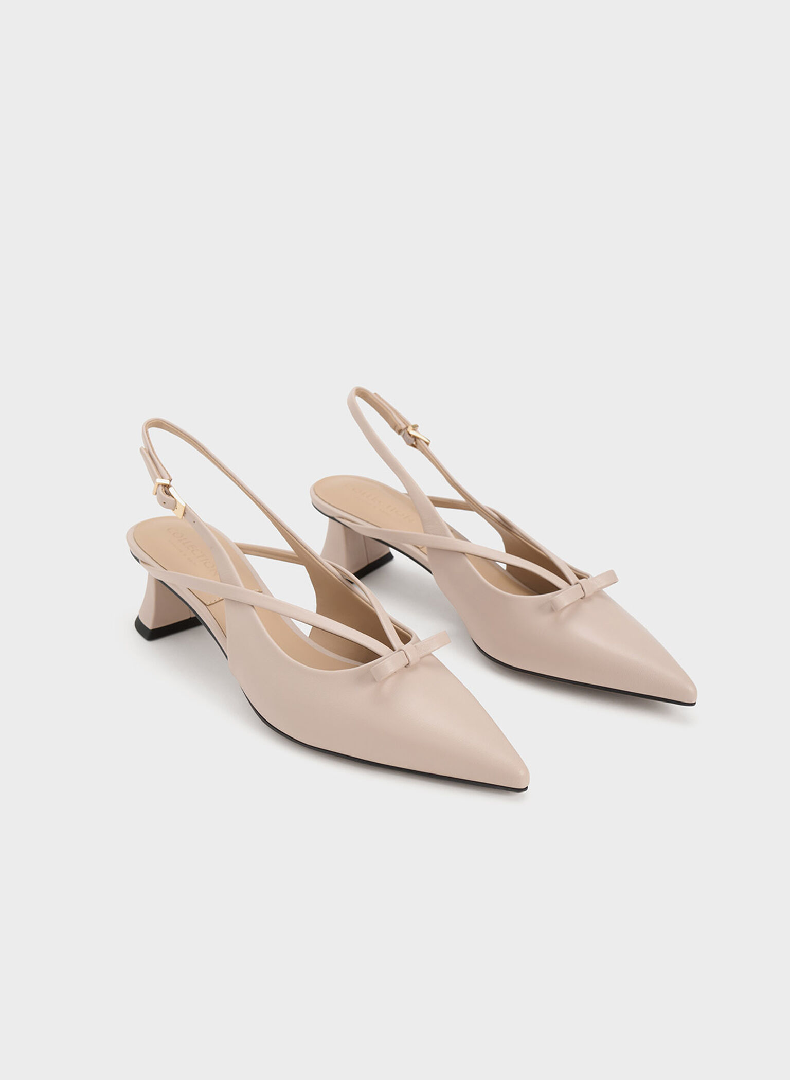 Leather Bow Strappy Slingback Pumps, Nude, hi-res