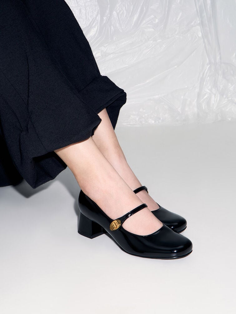 Hettie Patent Metallic-Buckle Block-Heel Mary Janes, Black Patent, hi-res