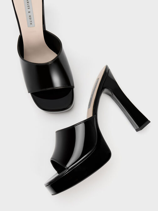 Platform Block Heel Mules, Black Patent, hi-res