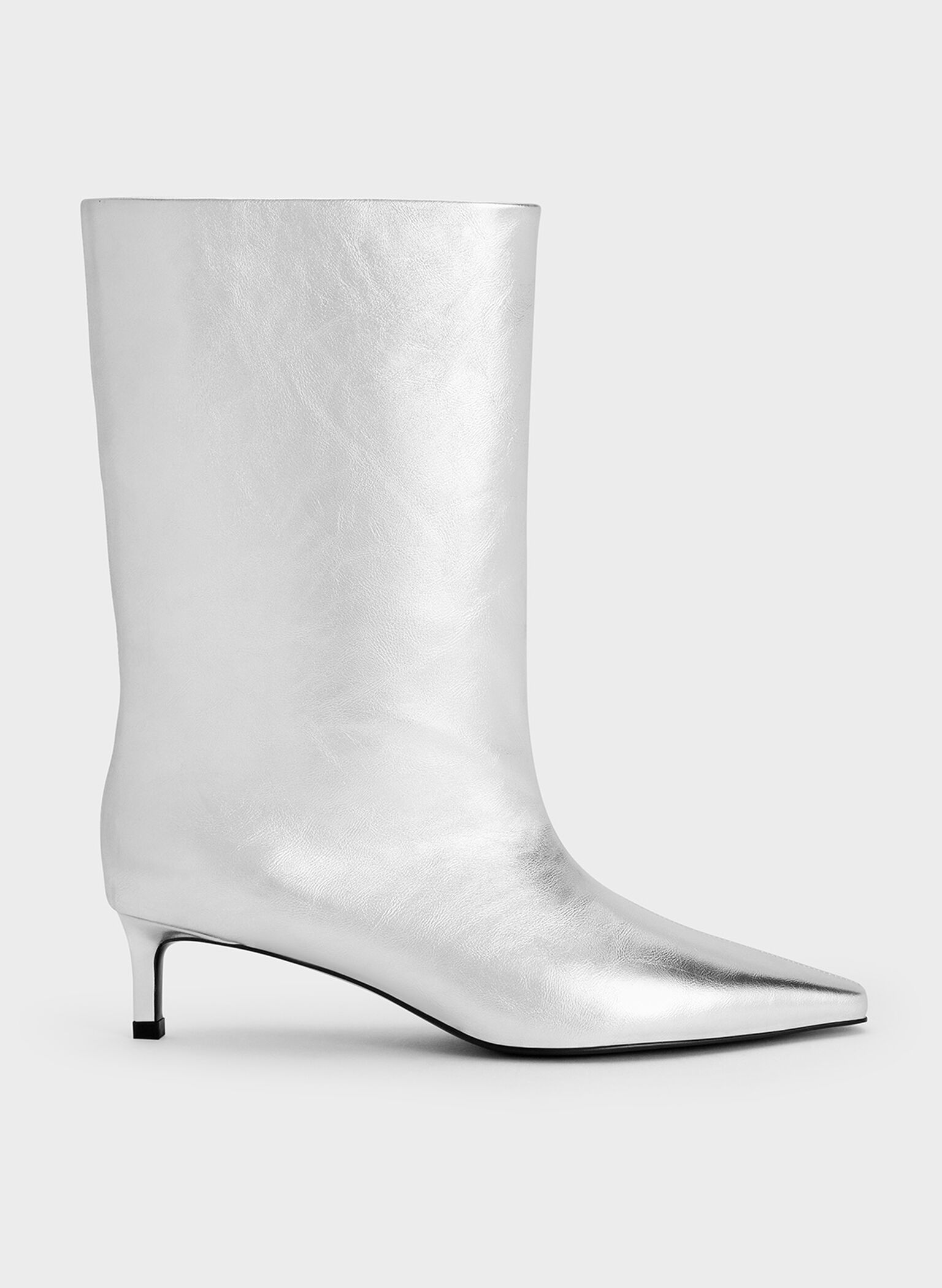 Metallic Elongated Tapered-Toe Kitten-Heel Calf Boots, Silver, hi-res