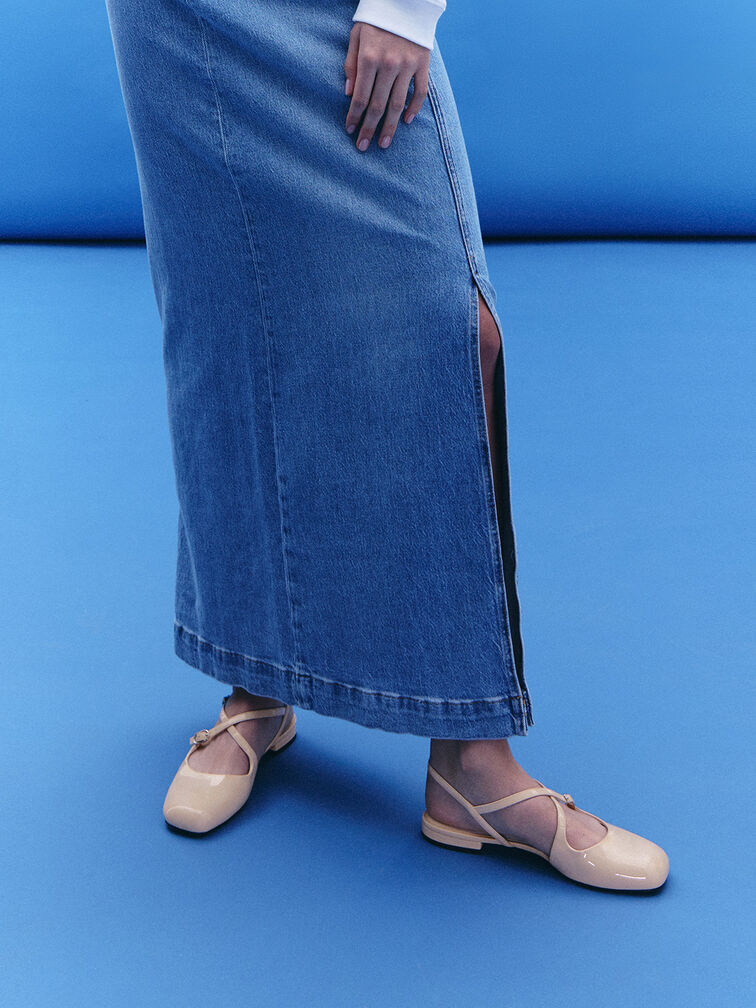 Patent Crossover Buckled Slingback Flats, Nude, hi-res
