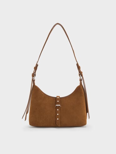 Lark Recycled Suede Studded Belted Shoulder Bag, Sienna Brown, hi-res