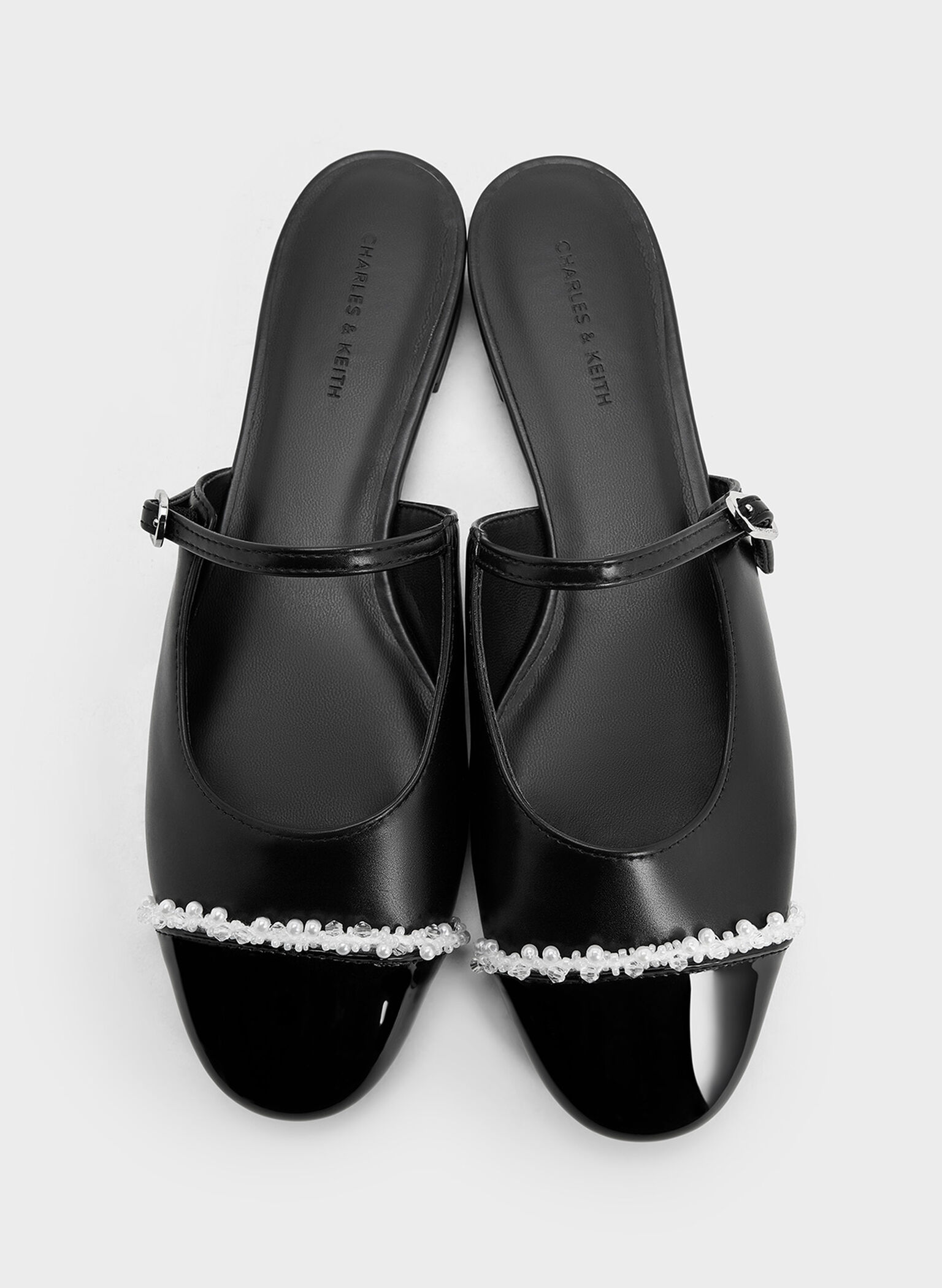 Pearl-Embellished Cap-Toe Flat Mules, Black, hi-res