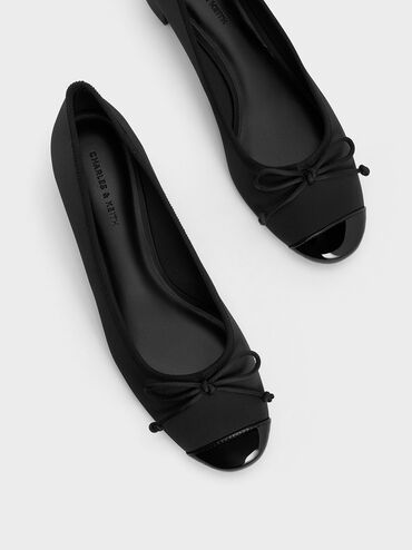 Recycled Polyester Bow Ballet Pumps, Black Textured, hi-res