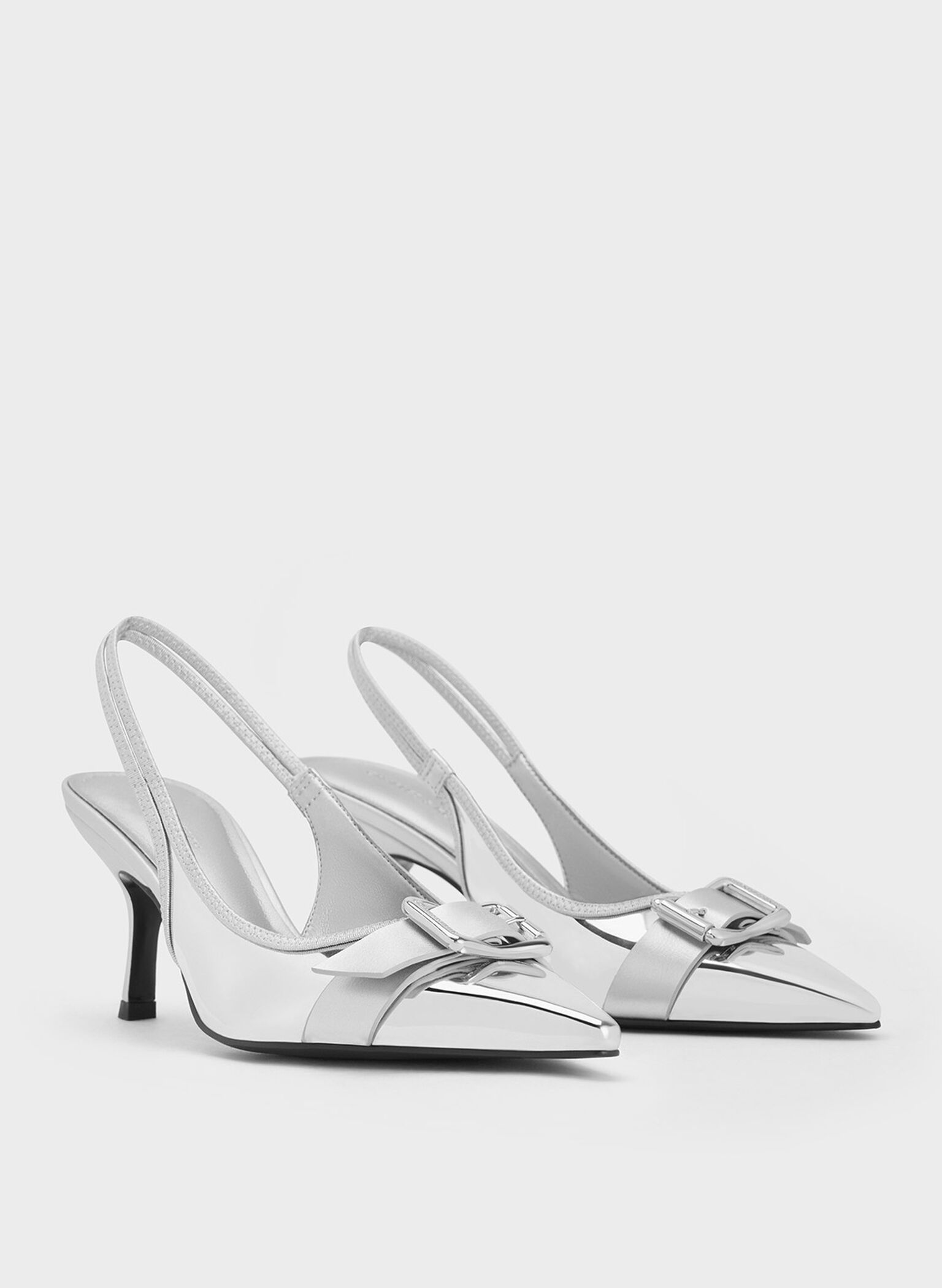 Anita Metallic Buckled Pointed-Toe Slingback Pumps, Silver, hi-res