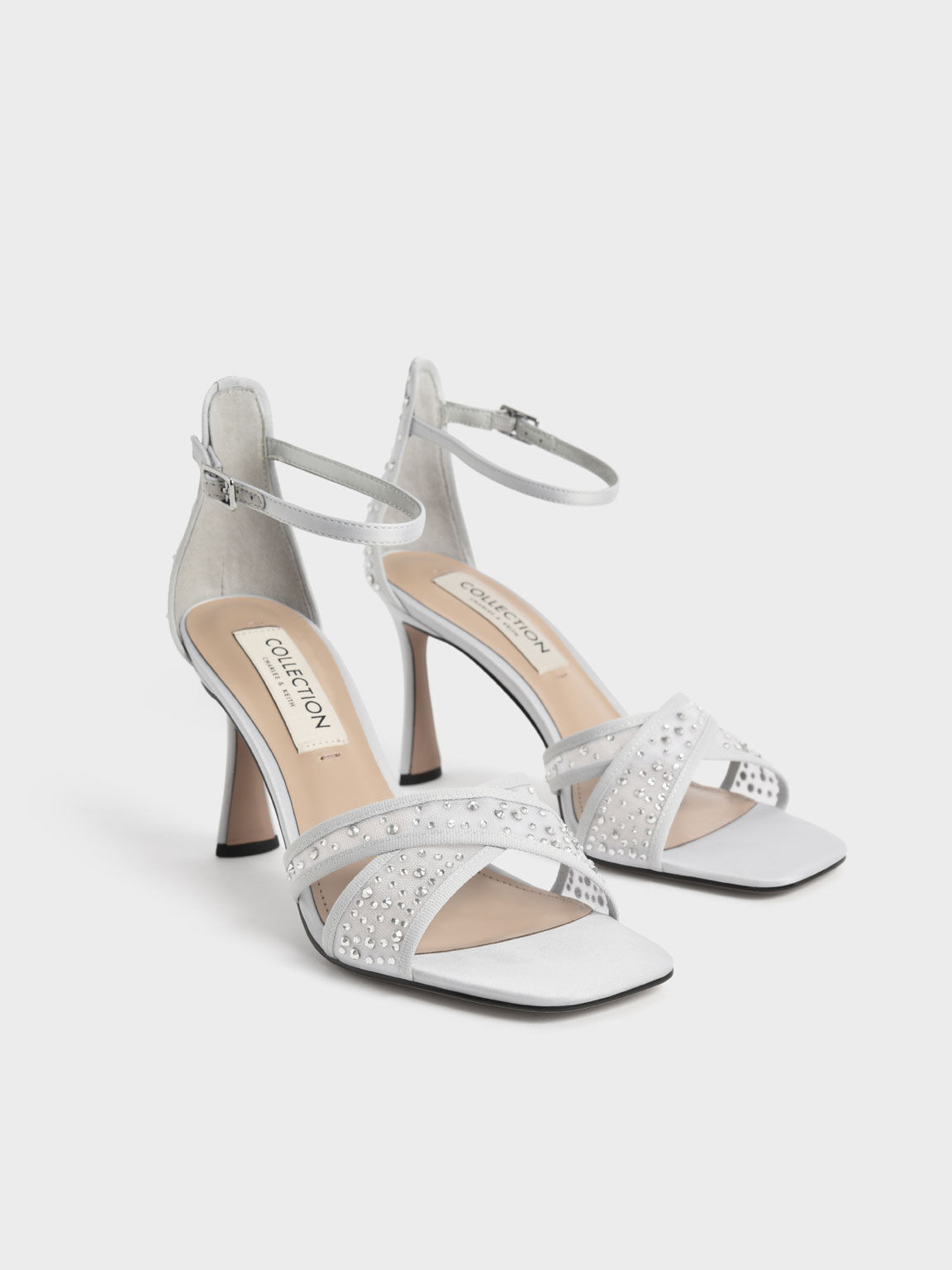 Silver Blythe Mesh Satin Embellished Sandals CHARLES KEITH UK