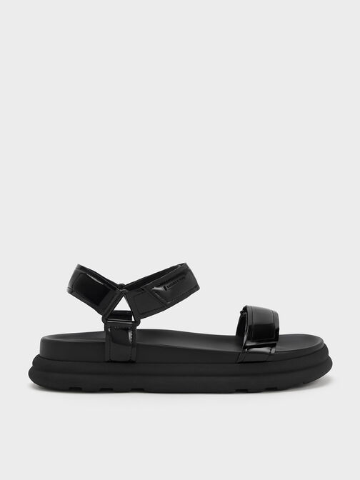Patent Strappy Sports Sandals, Black Patent, hi-res