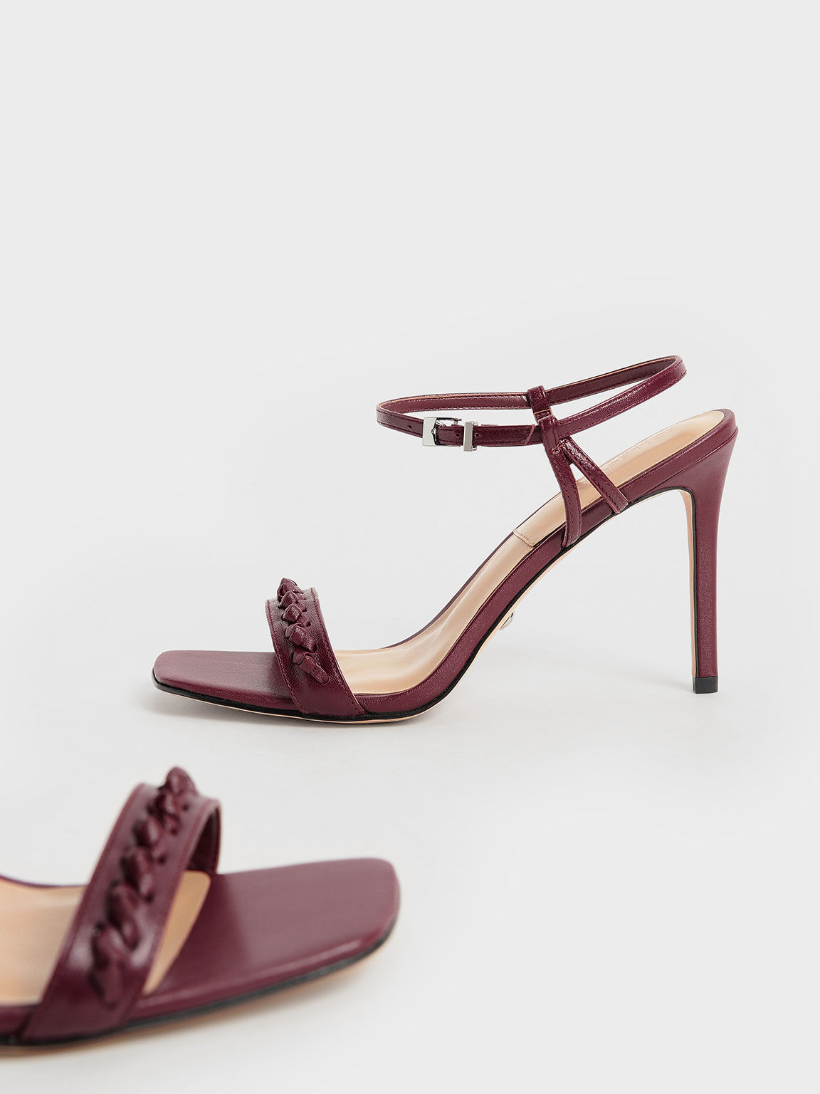 Leather Weave Detail Stiletto Sandals, Burgundy, hi-res