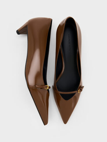 Buckled Pointed-Toe Kitten-Heel Pumps, Brown, hi-res